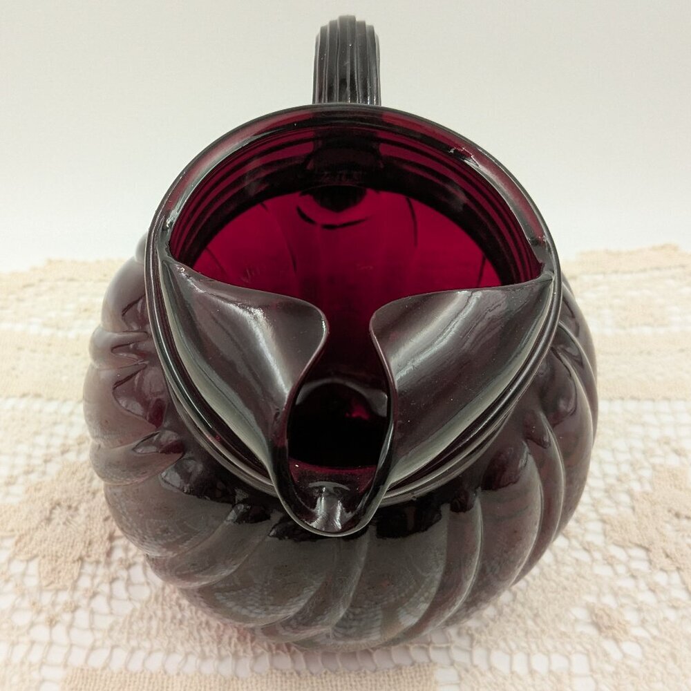 Vintage Anchor Hocking "Royal Ruby"  Red Tilt Ball Swirl Pitcher - 64 fl. oz. - Picture 3 of 7